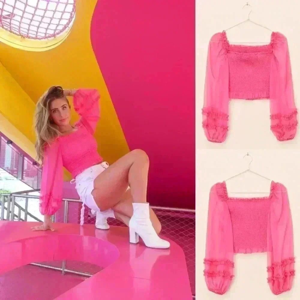 Anthropologie KEEPSAKE Moonlight Puff-Sleeve Top Pop Pink Size Small NWOT $145